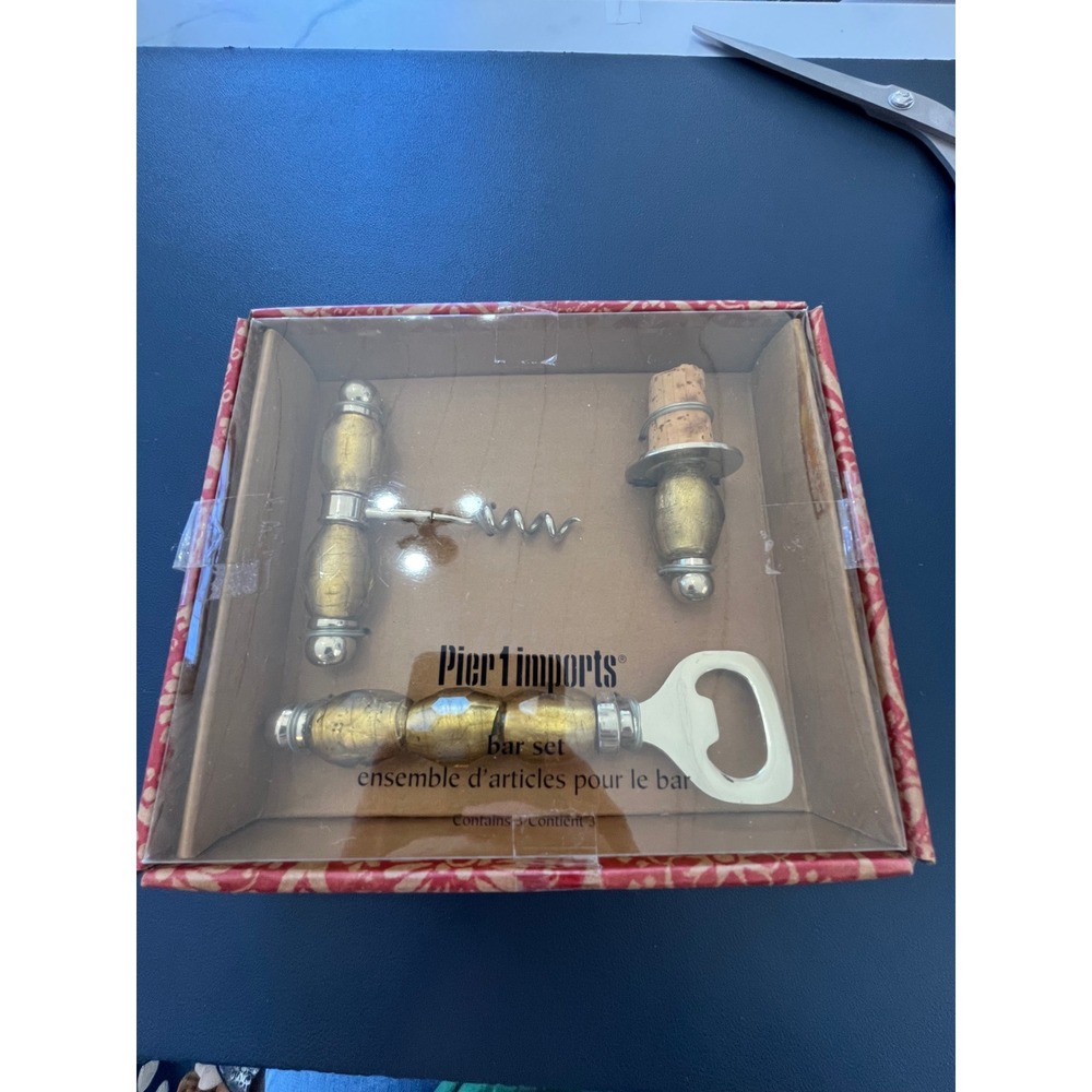 Pier 1 Imports Gold Tone Bar Set Corkscrew Bottle Opener‎ Wine Stopper